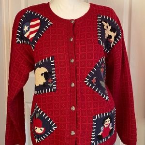 VTG 1980s Raspberry Knit Ugly Sweater Heart Shapped Buttons Winter Cardigan